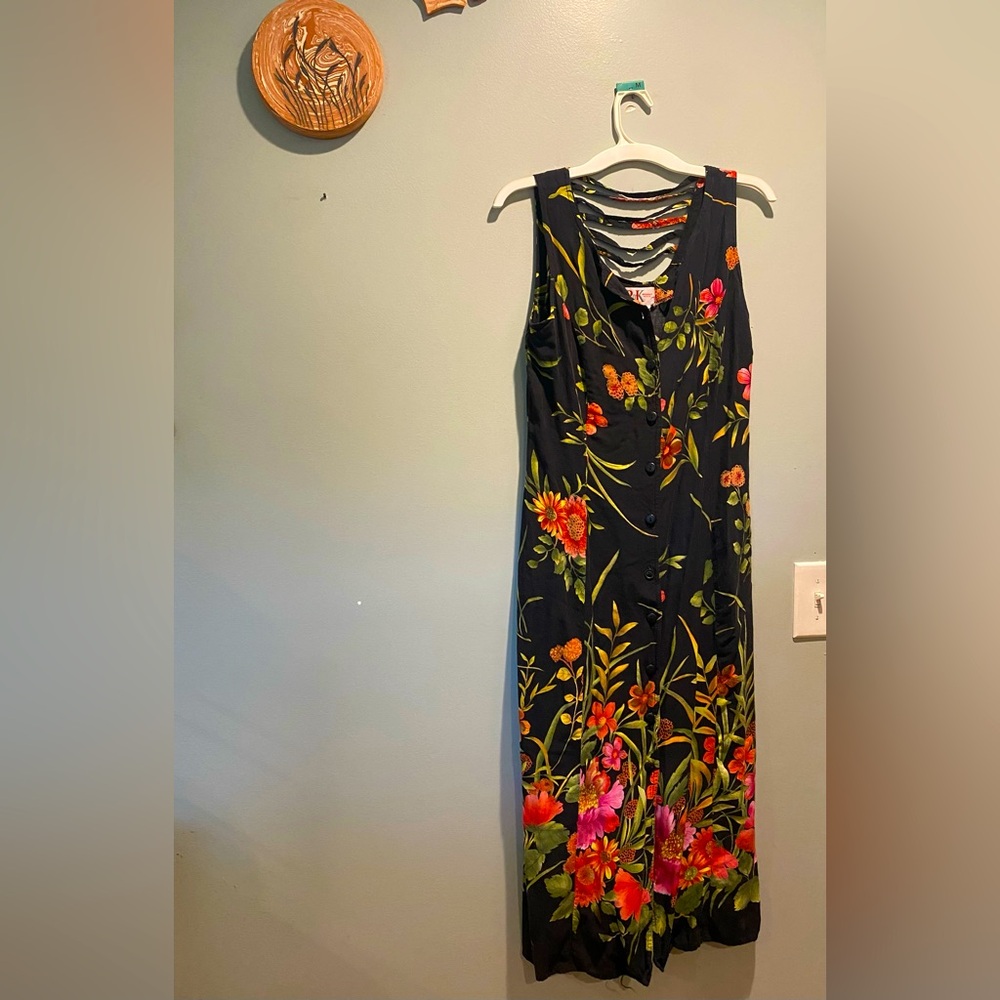 R&K Originals Petite 90’s Vintage Button Up Floral Black Dress Size 12P